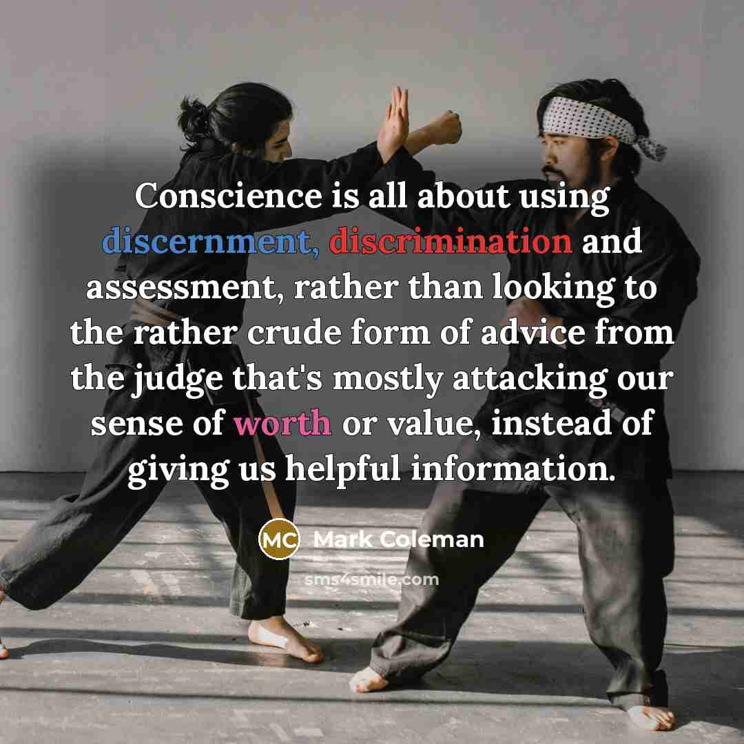 “Conscience is all about using discernment, discrimination and assessment, rather than looking to the rather crude form of advice from the judge that's mostly attacking our sense of worth or value, instead of giving us helpful information.” quote by Mark Coleman