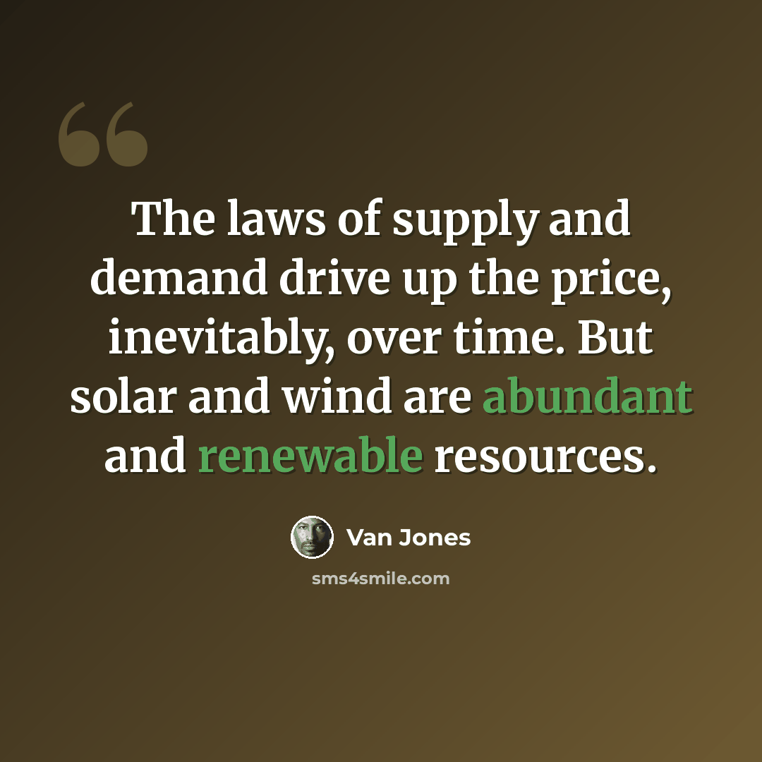 “The laws of supply and demand drive up the price, inevitably, over time. But solar and wind are abundant and renewable resources.” quote by Van Jones
