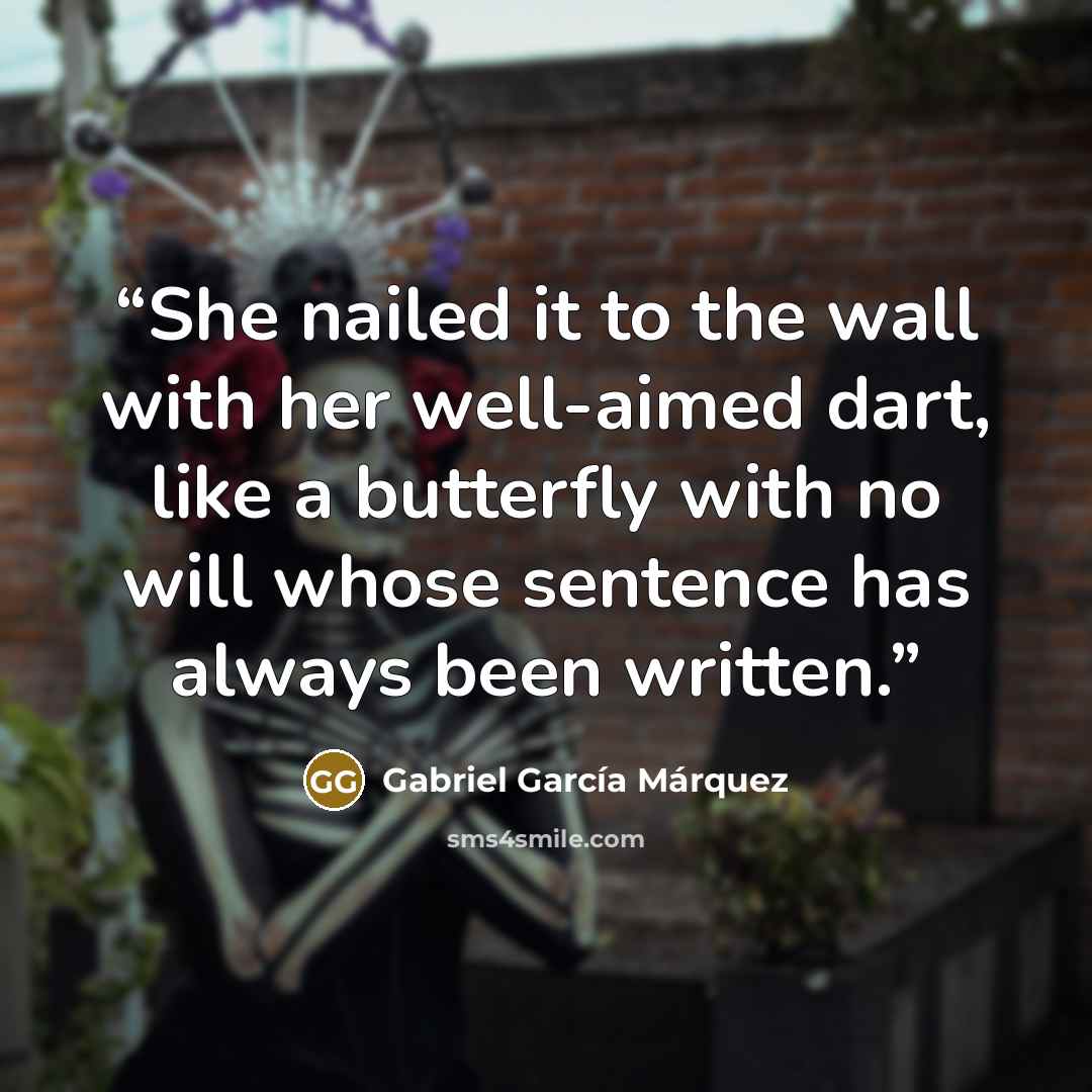 “She nailed it to the wall with her well-aimed dart, like a butterfly with no will whose sentence has always been written.” quote by Gabriel Garcia Marquez