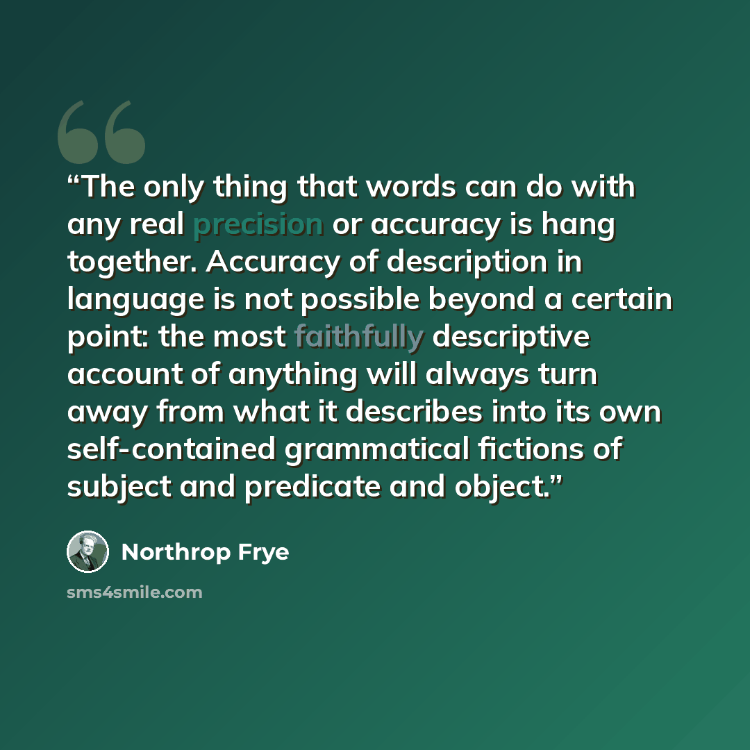 “The only thing that words can do with any real precision or accuracy is hang together. Accuracy of description in language is not possible beyond a certain point: the most faithfully descriptive account of anything will always turn away from what it describes into its own self-contained…” quote by Northrop Frye