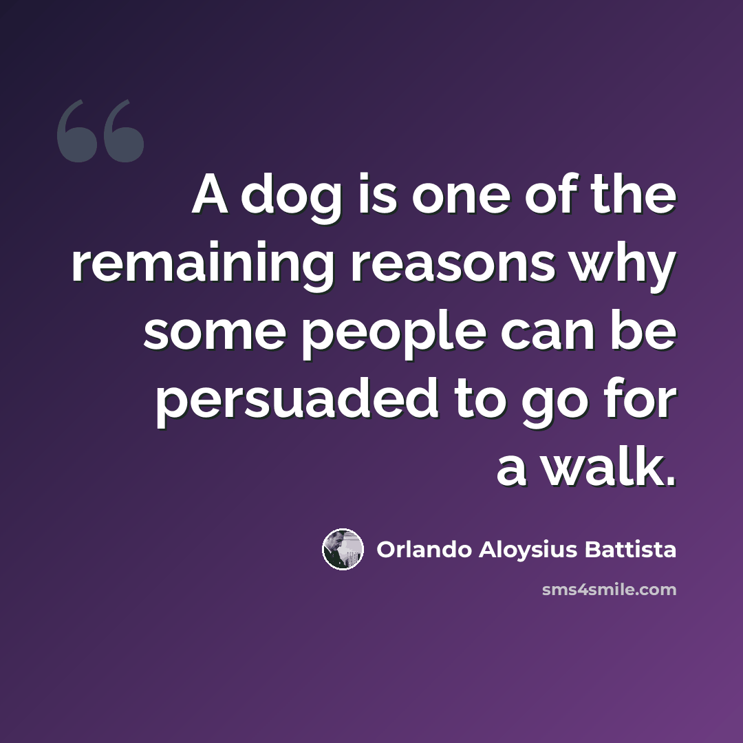 “A dog is one of the remaining reasons why some people can be persuaded to go for a walk.” quote by Orlando Aloysius Battista