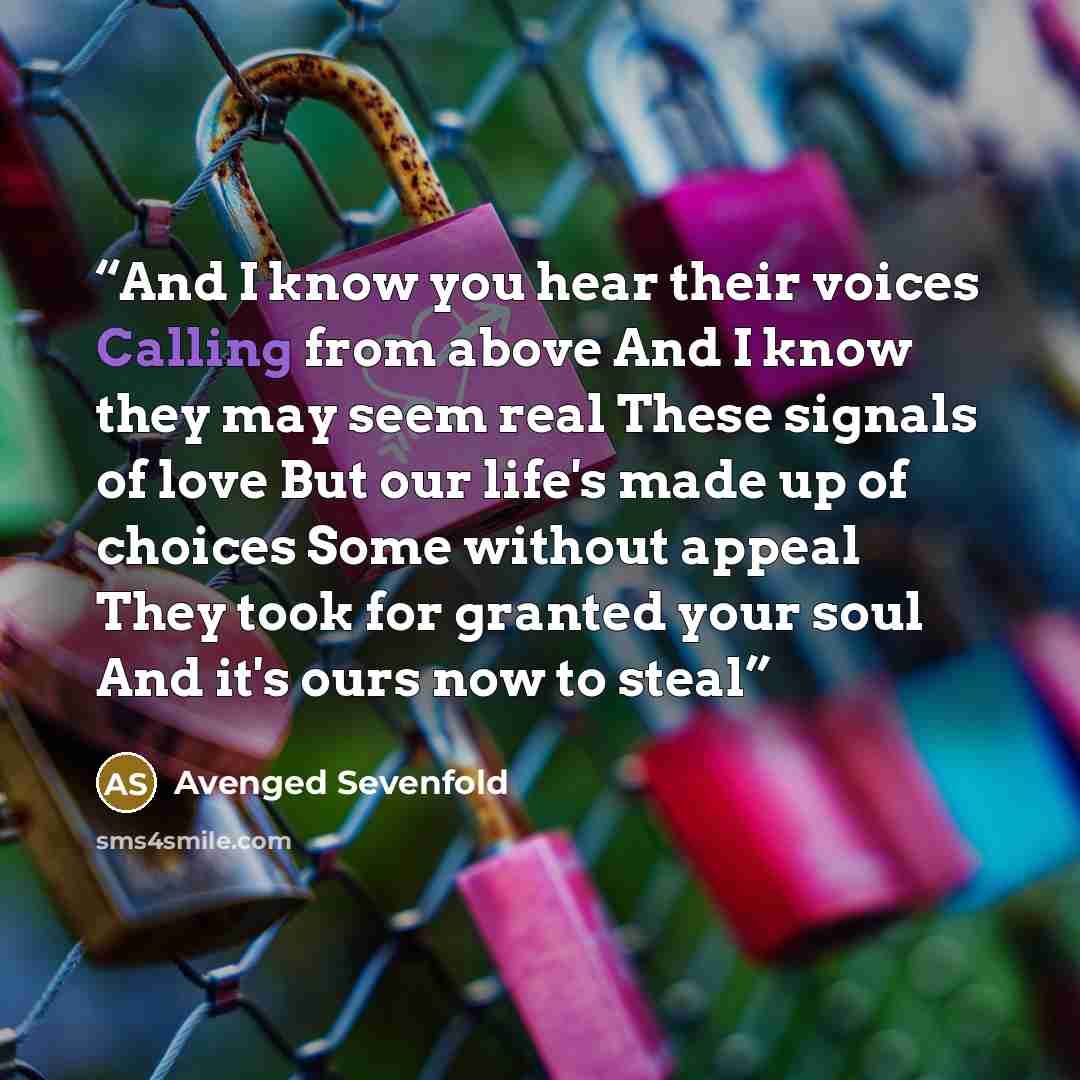 “And I know you hear their voices Calling from above And I know they may seem real These signals of love But our life's made up of choices Some without appeal They took for granted your soul And it's ours now to steal” quote by Avenged Sevenfold