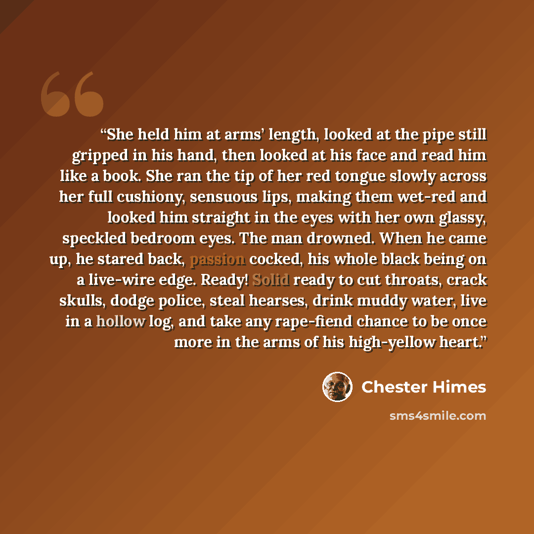 “She held him at arms’ length, looked at the pipe still gripped in his hand, then looked at his face and read him like a book. She ran the tip of her red tongue slowly across her full cushiony, sensuous lips, making them wet-red and looked him straight in the eyes with her own glassy, speckled…” quote by Chester Himes