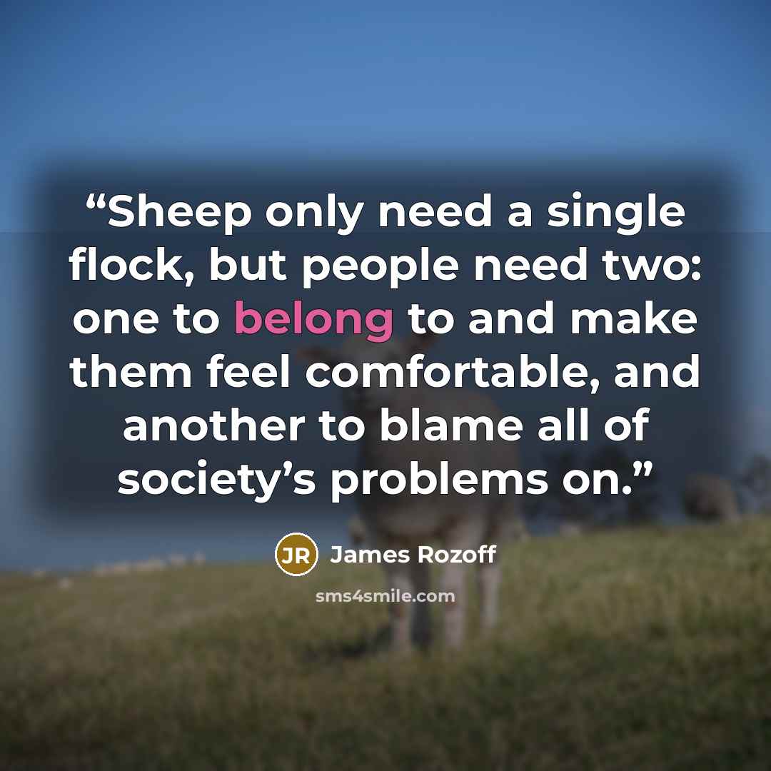 “Sheep only need a single flock, but people need two: one to belong to and make them feel comfortable, and another to blame all of society’s problems on.” quote by james rozoff