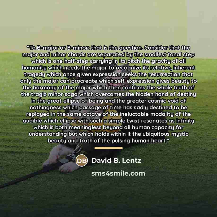 “To B-major or B-minor: that is the question. Consider that the major and minor chords are separated by the smallest tonal step which is one half-step carrying in its pitch the gravity of all humanity which needs the major to recognize its relative, inherent tragedy which once given expression…” quote by David B. Lentz
