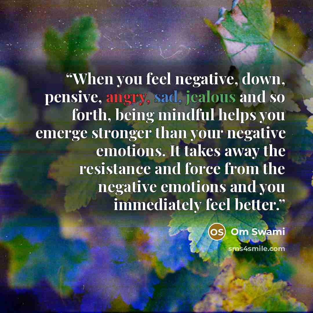 “When you feel negative, down, pensive, angry, sad, jealous and so forth, being mindful helps you emerge stronger than your negative emotions. It takes away the resistance and force from the negative emotions and you immediately feel better.” quote by Om Swami