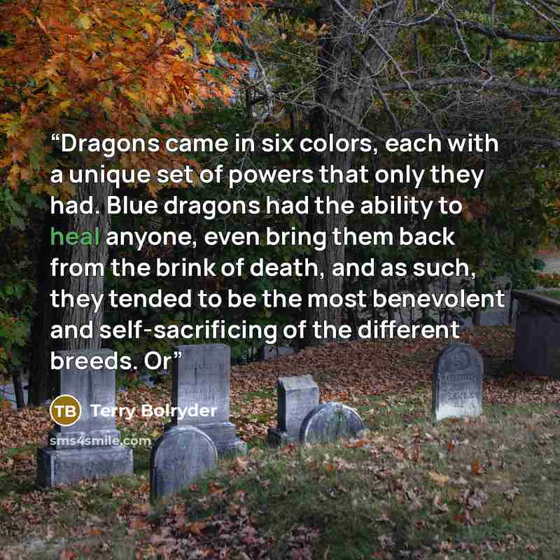 “Dragons came in six colors, each with a unique set of powers that only they had. Blue dragons had the ability to heal anyone, even bring them back from the brink of death, and as such, they tended to be the most benevolent and self-sacrificing of the different breeds. Or” quote by Terry Bolryder