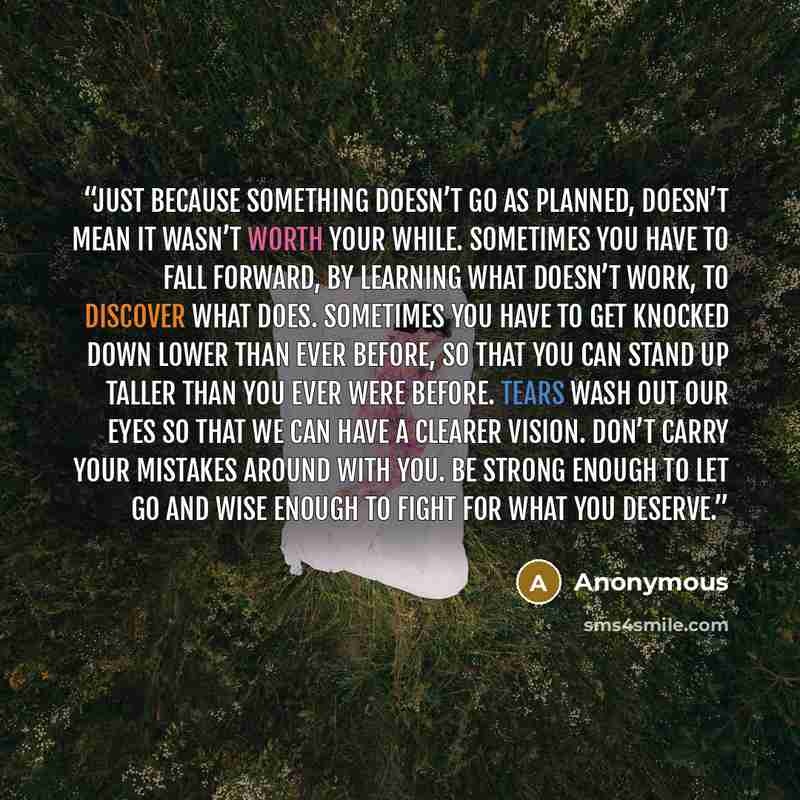 “Just because something doesn’t go as planned, doesn’t mean it wasn’t worth your while. Sometimes you have to fall forward, by learning what doesn’t work, to discover what does. Sometimes you have to get knocked down lower than ever before, so that you can stand up taller than you ever were before…” quote by Anonymous
