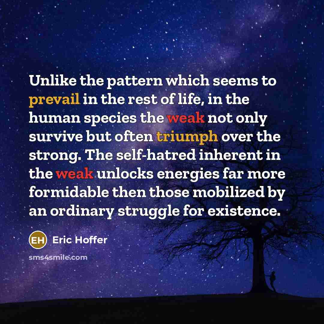 “Unlike the pattern which seems to prevail in the rest of life, in the human species the weak not only survive but often triumph over the strong. The self-hatred inherent in the weak unlocks energies far more formidable then those mobilized by an ordinary struggle for existence.” quote by Eric Hoffer