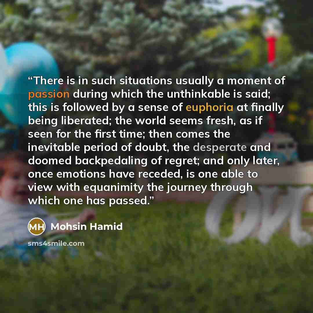“There is in such situations usually a moment of passion during which the unthinkable is said; this is followed by a sense of euphoria at finally being liberated; the world seems fresh, as if seen for the first time; then comes the inevitable period of doubt, the desperate and doomed backpedaling…” quote by Mohsin Hamid