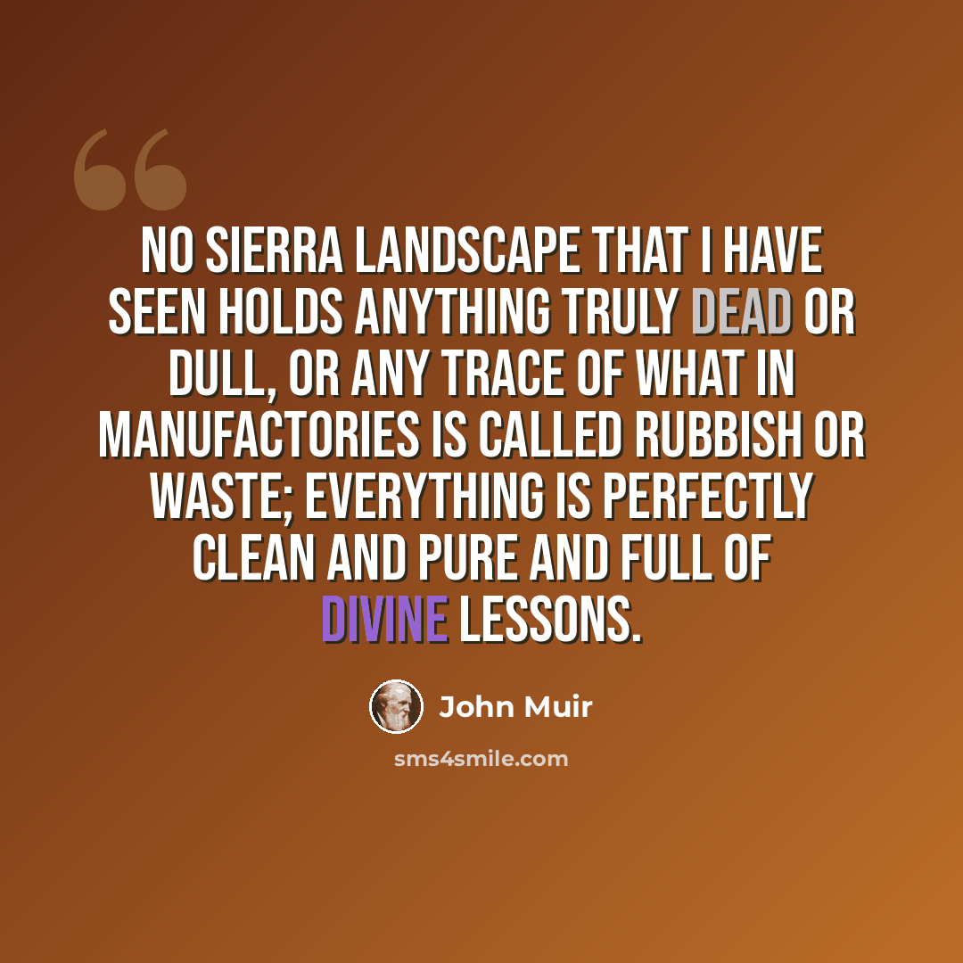 “No Sierra landscape that I have seen holds anything truly dead or dull, or any trace of what in manufactories is called rubbish or waste; everything is perfectly clean and pure and full of divine lessons.” quote by John Muir