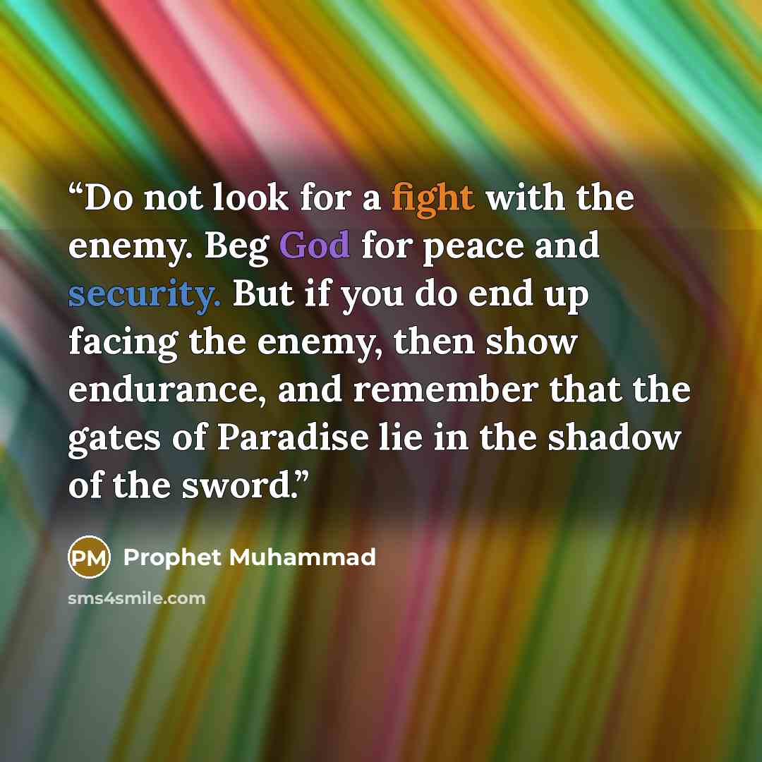 “Do not look for a fight with the enemy. Beg God for peace and security. But if you do end up facing the enemy, then show endurance, and remember that the gates of Paradise lie in the shadow of the sword.” quote by Prophet Muhammad