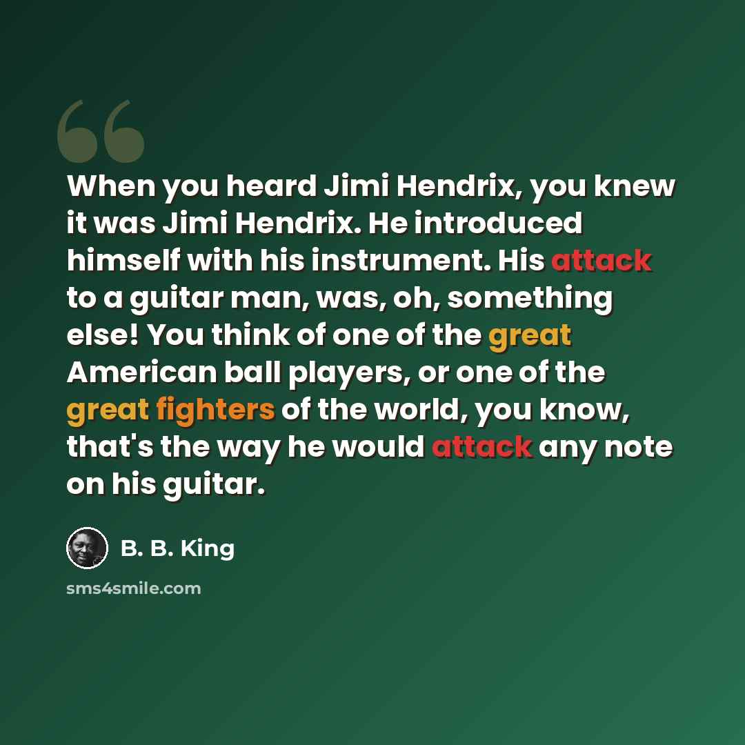 “When you heard Jimi Hendrix, you knew it was Jimi Hendrix. He introduced himself with his instrument. His attack to a guitar man, was, oh, something else! You think of one of the great American ball players, or one of the great fighters of the world, you know, that's the way he would attack any…” quote by B. B. King