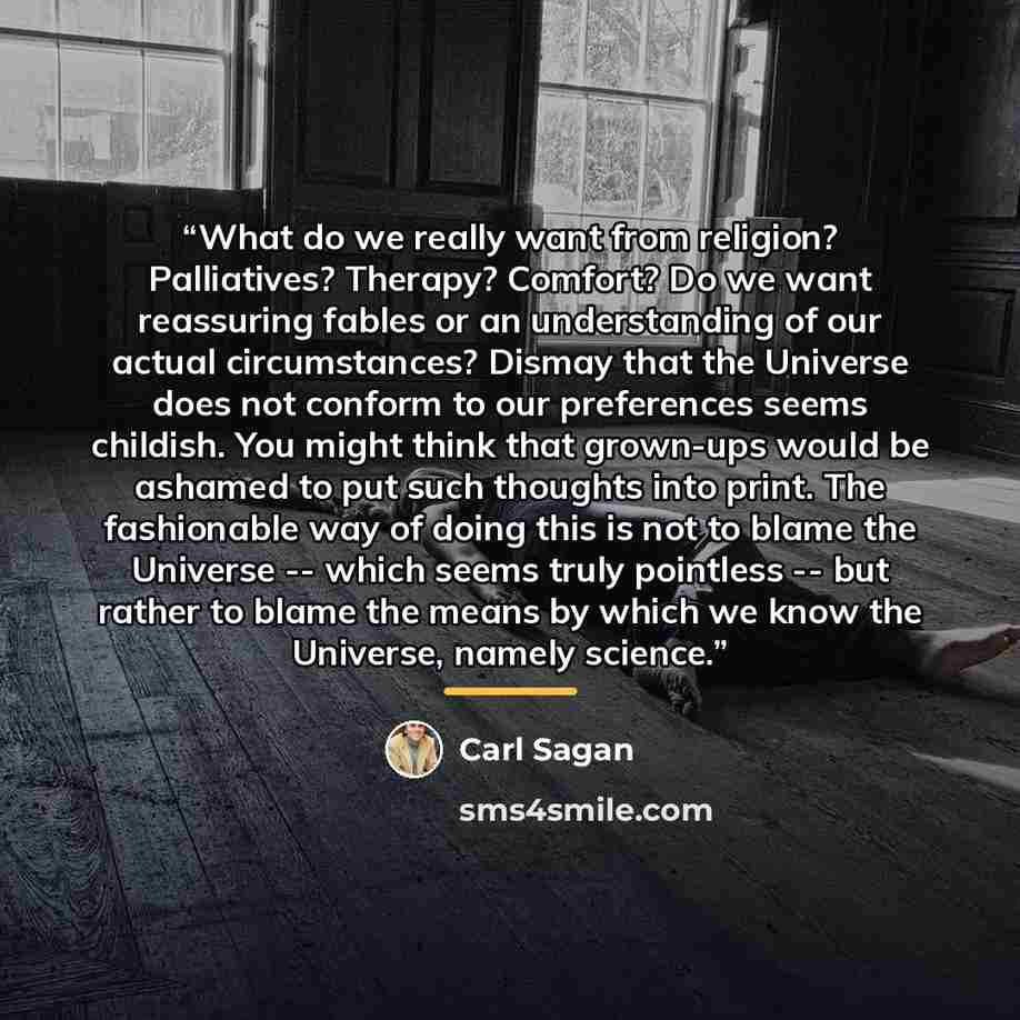 “What do we really want from religion? Palliatives? Therapy? Comfort? Do we want reassuring fables or an understanding of our actual circumstances? Dismay that the Universe does not conform to our preferences seems childish. You might think that grown-ups would be ashamed to put such thoughts into…” quote by Carl Sagan