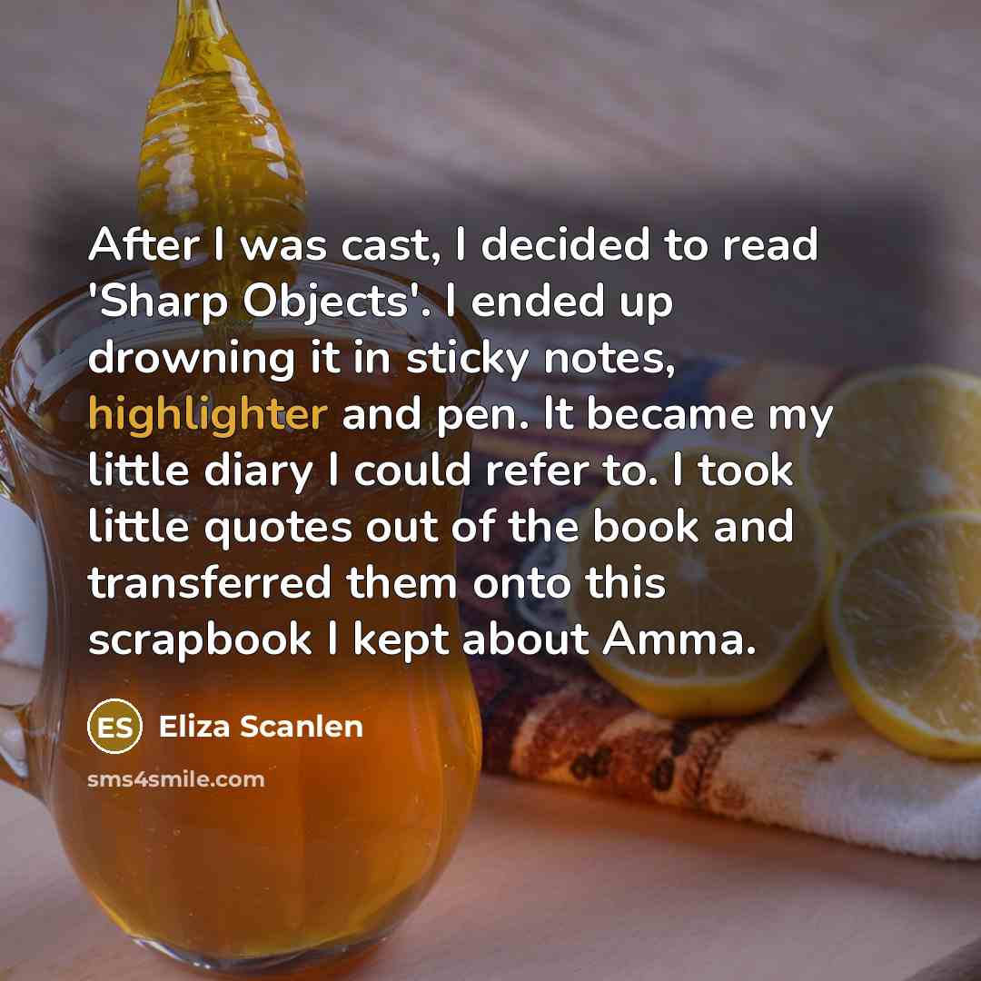 “After I was cast, I decided to read 'Sharp Objects'. I ended up drowning it in sticky notes, highlighter and pen. It became my little diary I could refer to. I took little quotes out of the book and transferred them onto this scrapbook I kept about Amma.” quote by Eliza Scanlen