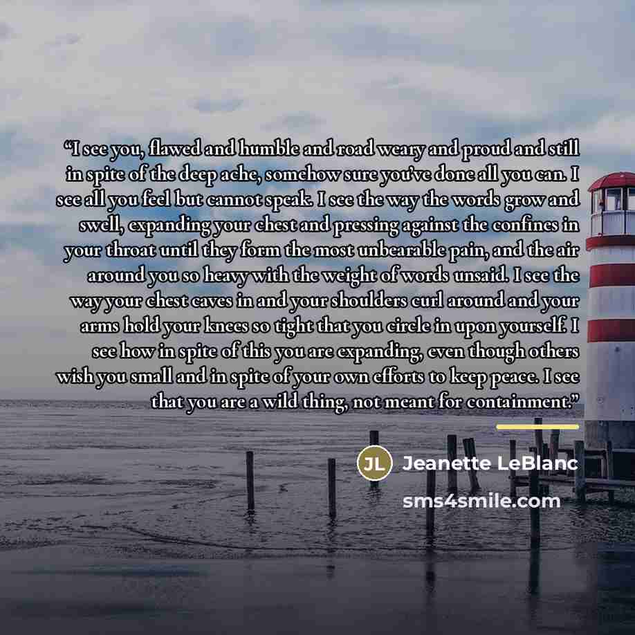 “I see you, flawed and humble and road weary and proud and still in spite of the deep ache, somehow sure you’ve done all you can. I see all you feel but cannot speak. I see the way the words grow and swell, expanding your chest and pressing against the confines in your throat until they form the…” quote by Jeanette LeBlanc