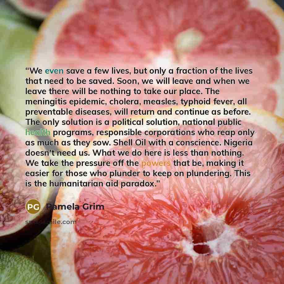 “We even save a few lives, but only a fraction of the lives that need to be saved. Soon, we will leave and when we leave there will be nothing to take our place. The meningitis epidemic, cholera, measles, typhoid fever, all preventable diseases, will return and continue as before. The only solution…” quote by Pamela Grim