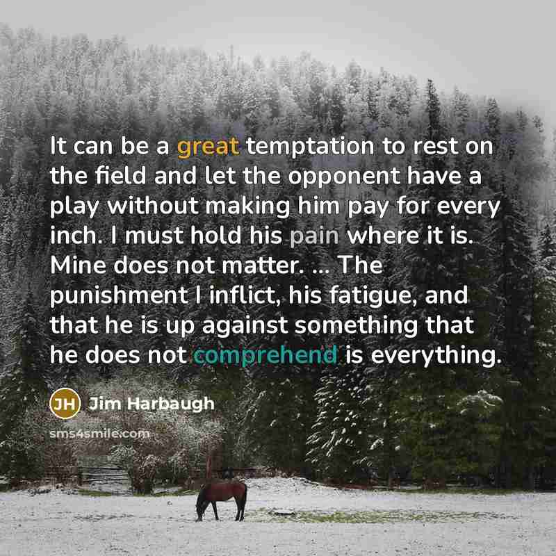 “It can be a great temptation to rest on the field and let the opponent have a play without making him pay for every inch. I must hold his pain where it is. Mine does not matter. ... The punishment I inflict, his fatigue, and that he is up against something that he does not comprehend is everything.” quote by Jim Harbaugh