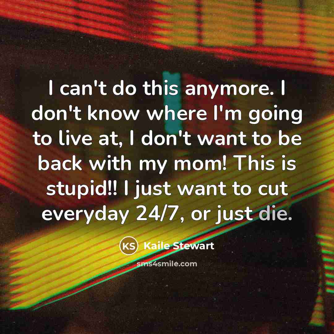 “I can't do this anymore. I don't know where I'm going to live at, I don't want to be back with my mom! This is stupid!! I just want to cut everyday 24/7, or just die.” quote by Kaile Stewart