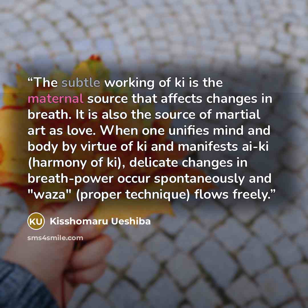 “The subtle working of ki is the maternal source that affects changes in breath. It is also the source of martial art as love. When one unifies mind and body by virtue of ki and manifests ai-ki (harmony of ki), delicate changes in breath-power occur spontaneously and "waza" (proper technique) flows…” quote by Kisshomaru Ueshiba