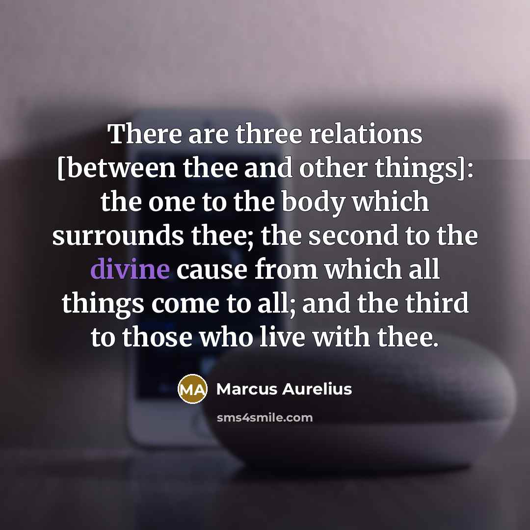 “There are three relations [between thee and other things]: the one to the body which surrounds thee; the second to the divine cause from which all things come to all; and the third to those who live with thee.” quote by Marcus Aurelius