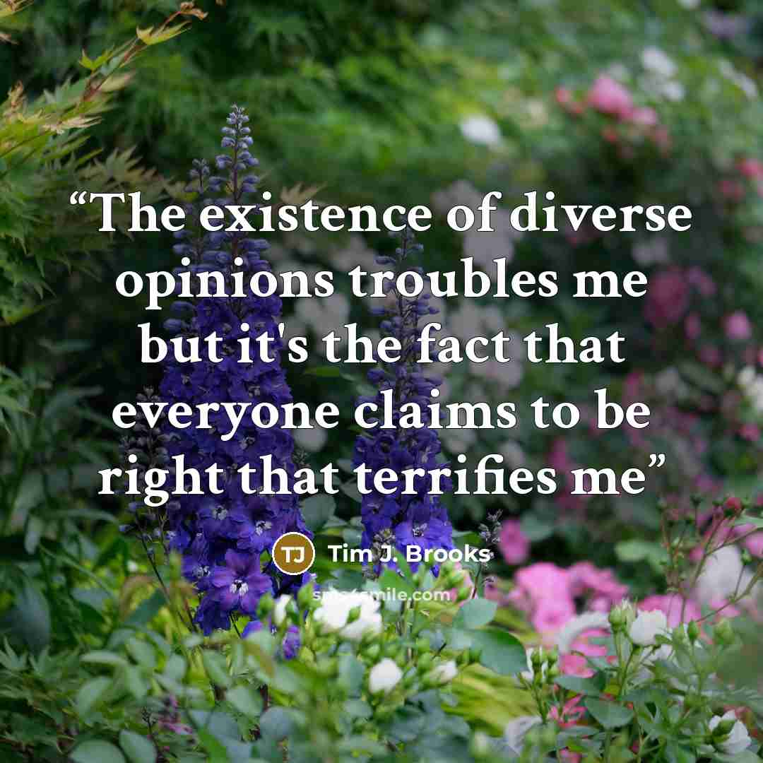“The existence of diverse opinions troubles me but it's the fact that everyone claims to be right that terrifies me” quote by Tim J. Brooks