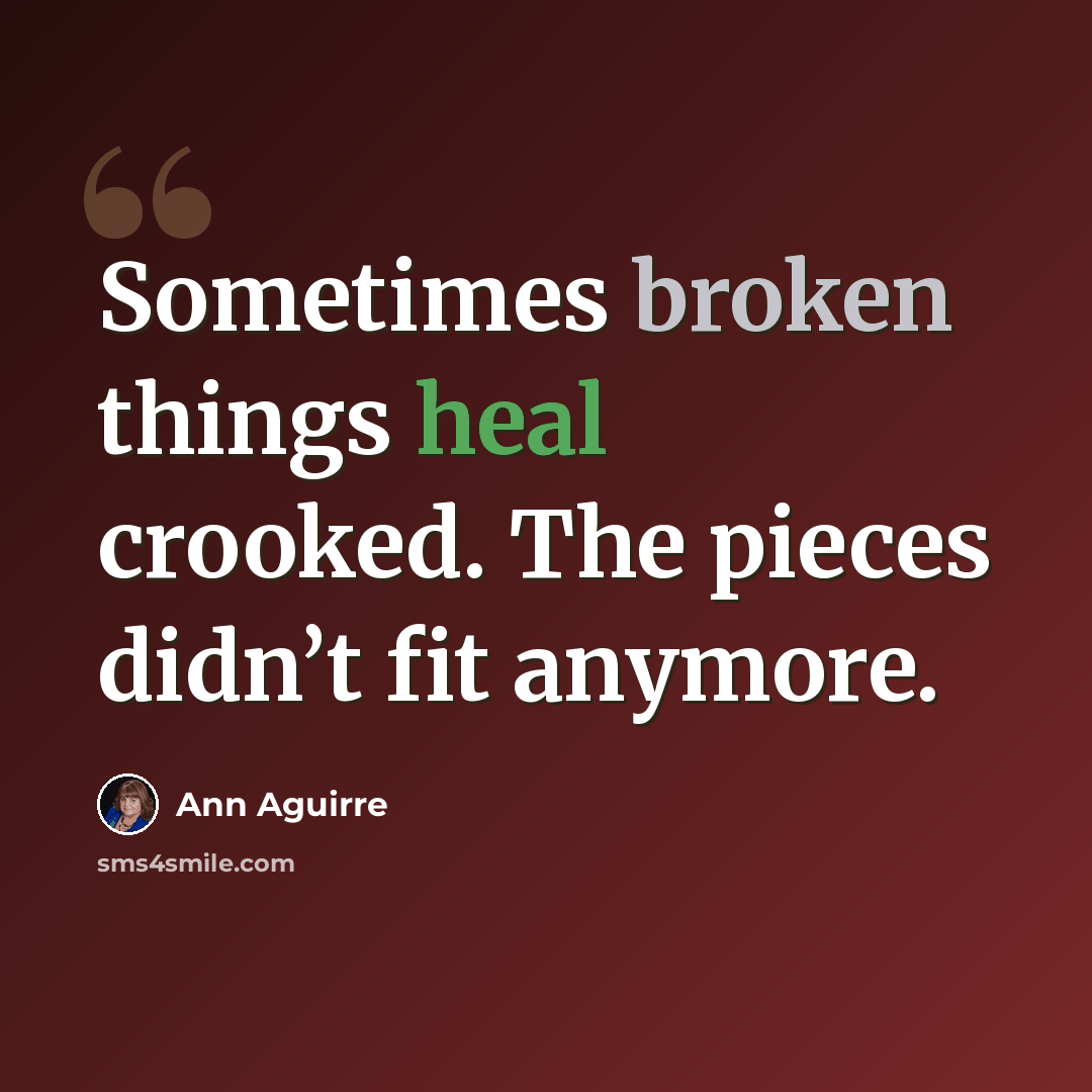 “Sometimes broken things heal crooked. The pieces didn’t fit anymore.” quote by Ann Aguirre