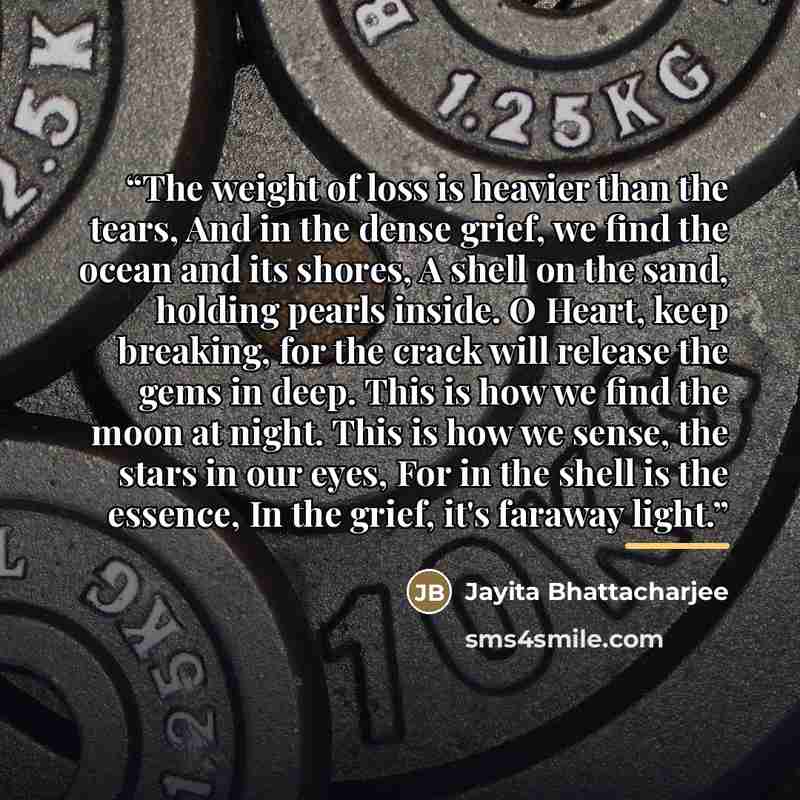 “The weight of loss is heavier than the tears, And in the dense grief, we find the ocean and its shores, A shell on the sand, holding pearls inside. O Heart, keep breaking, for the crack will release the gems in deep. This is how we find the moon at night. This is how we sense, the stars in our…” quote by Jayita Bhattacharjee