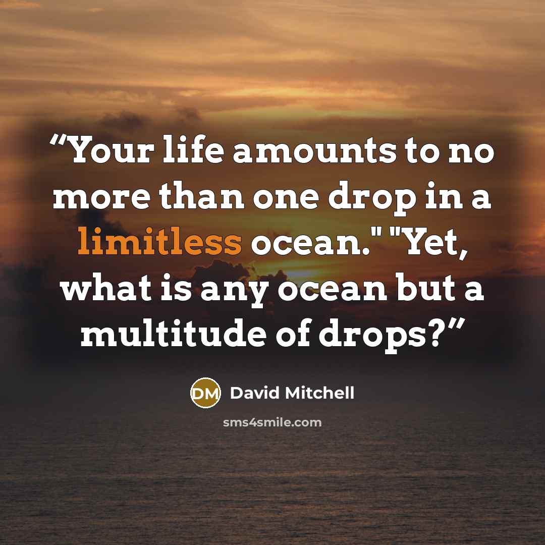 “Your life amounts to no more than one drop in a limitless ocean." "Yet, what is any ocean but a multitude of drops?” quote by David Mitchell
