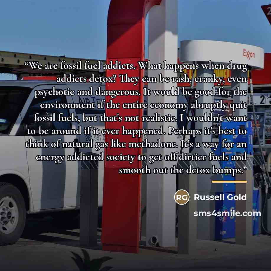 “We are fossil fuel addicts. What happens when drug addicts detox? They can be rash, cranky, even psychotic and dangerous. It would be good for the environment if the entire economy abruptly quit fossil fuels, but that's not realistic. I wouldn't want to be around if it ever happened. Perhaps it's…” quote by Russell Gold