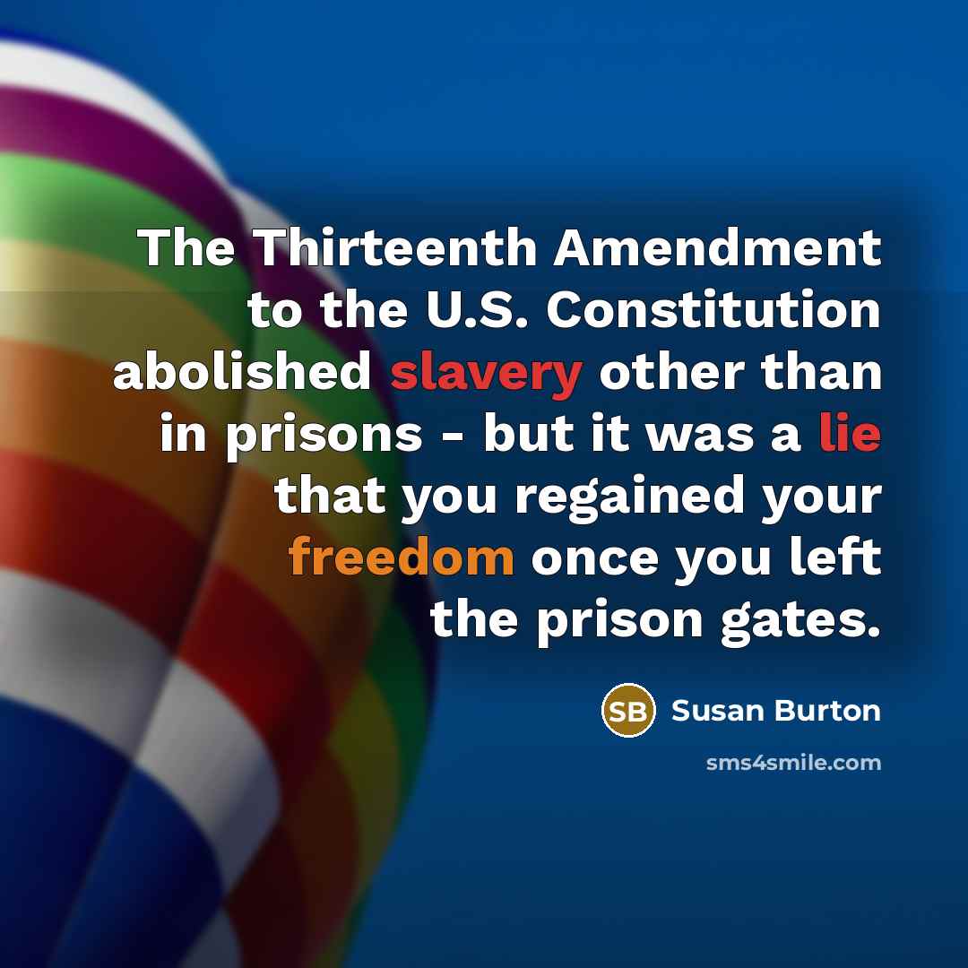 “The Thirteenth Amendment to the U.S. Constitution abolished slavery other than in prisons - but it was a lie that you regained your freedom once you left the prison gates.” quote by Susan Burton