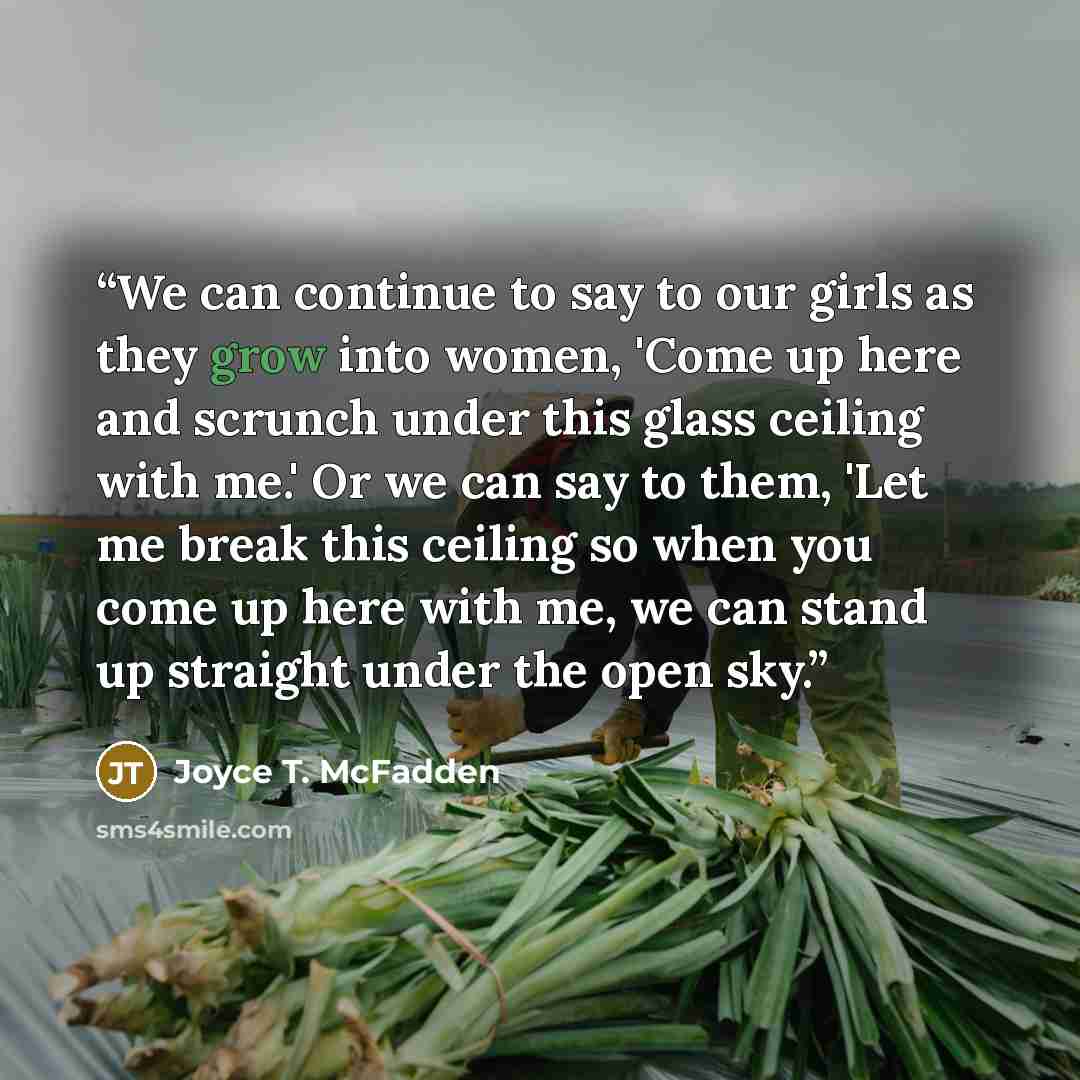 “We can continue to say to our girls as they grow into women, 'Come up here and scrunch under this glass ceiling with me.' Or we can say to them, 'Let me break this ceiling so when you come up here with me, we can stand up straight under the open sky.” quote by Joyce T. McFadden