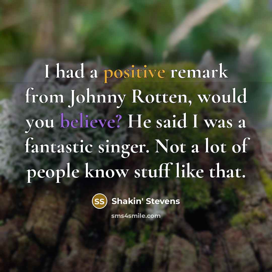“I had a positive remark from Johnny Rotten, would you believe? He said I was a fantastic singer. Not a lot of people know stuff like that.” quote by Shakin' Stevens