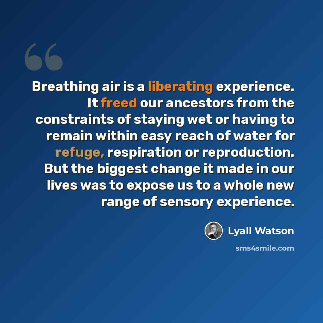 “Breathing air is a liberating experience. It freed our ancestors from the constraints of staying wet or having to remain within easy reach of water for refuge, respiration or reproduction. But the biggest change it made in our lives was to expose us to a whole new range of sensory experience.” quote by Lyall Watson