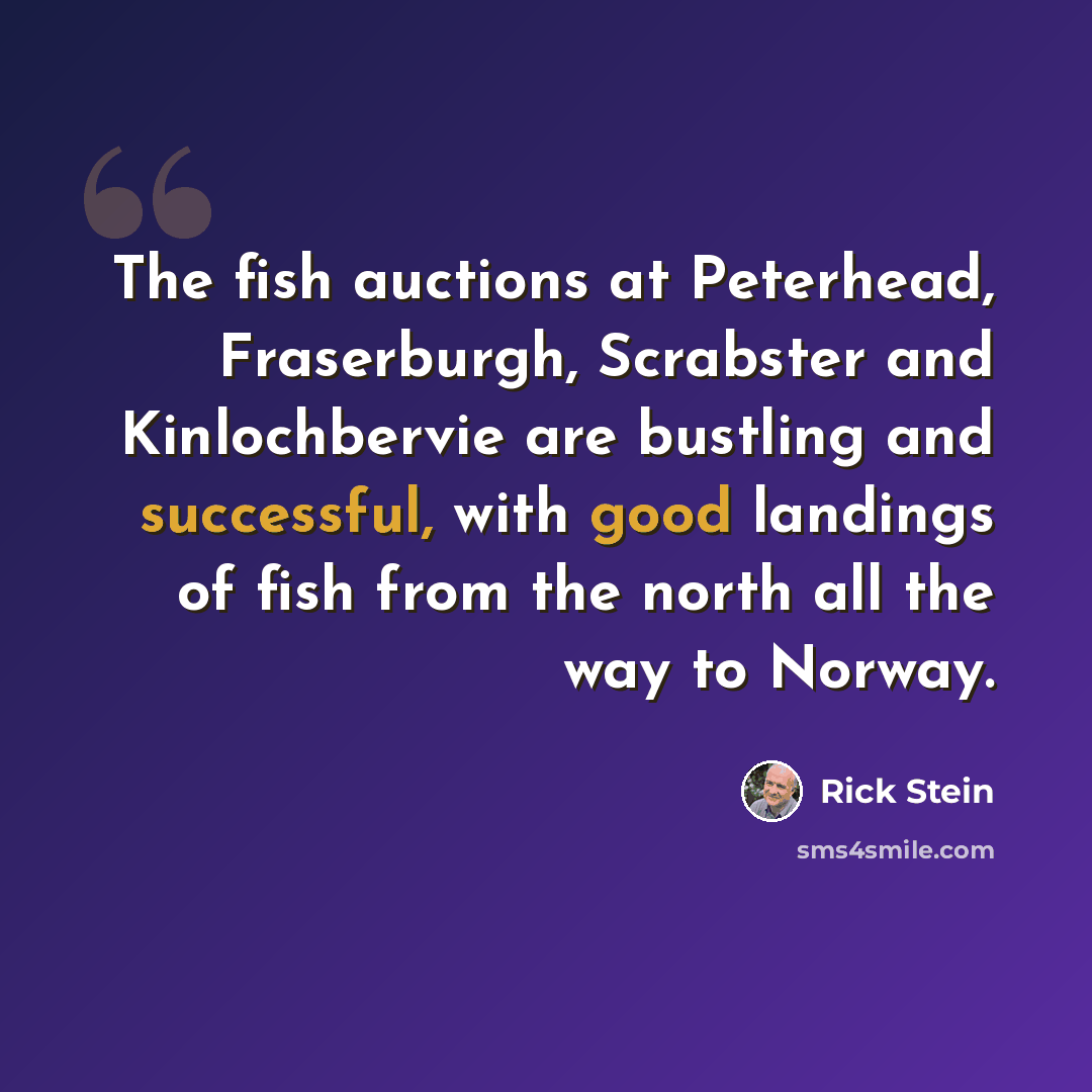 “The fish auctions at Peterhead, Fraserburgh, Scrabster and Kinlochbervie are bustling and successful, with good landings of fish from the north all the way to Norway.” quote by Rick Stein
