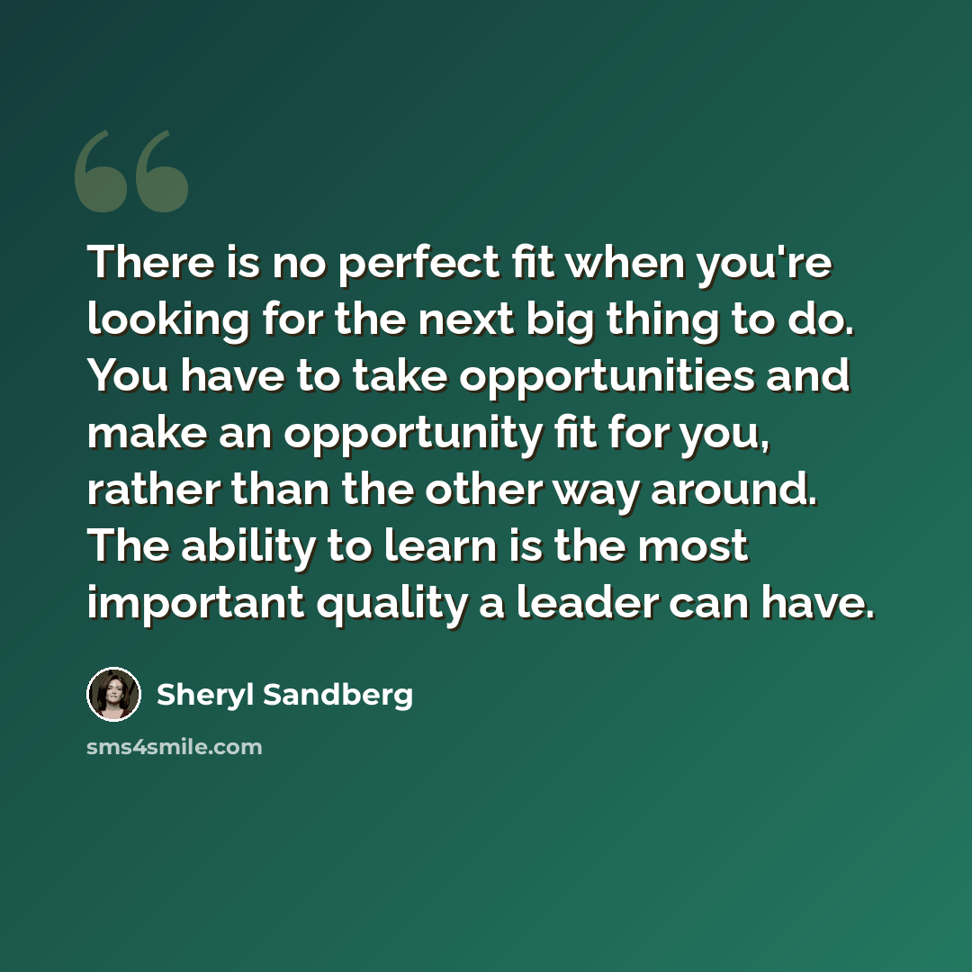 “There is no perfect fit when you're looking for the next big thing to do. You have to take opportunities and make an opportunity fit for you, rather than the other way around. The ability to learn is the most important quality a leader can have.” quote by Sheryl Sandberg