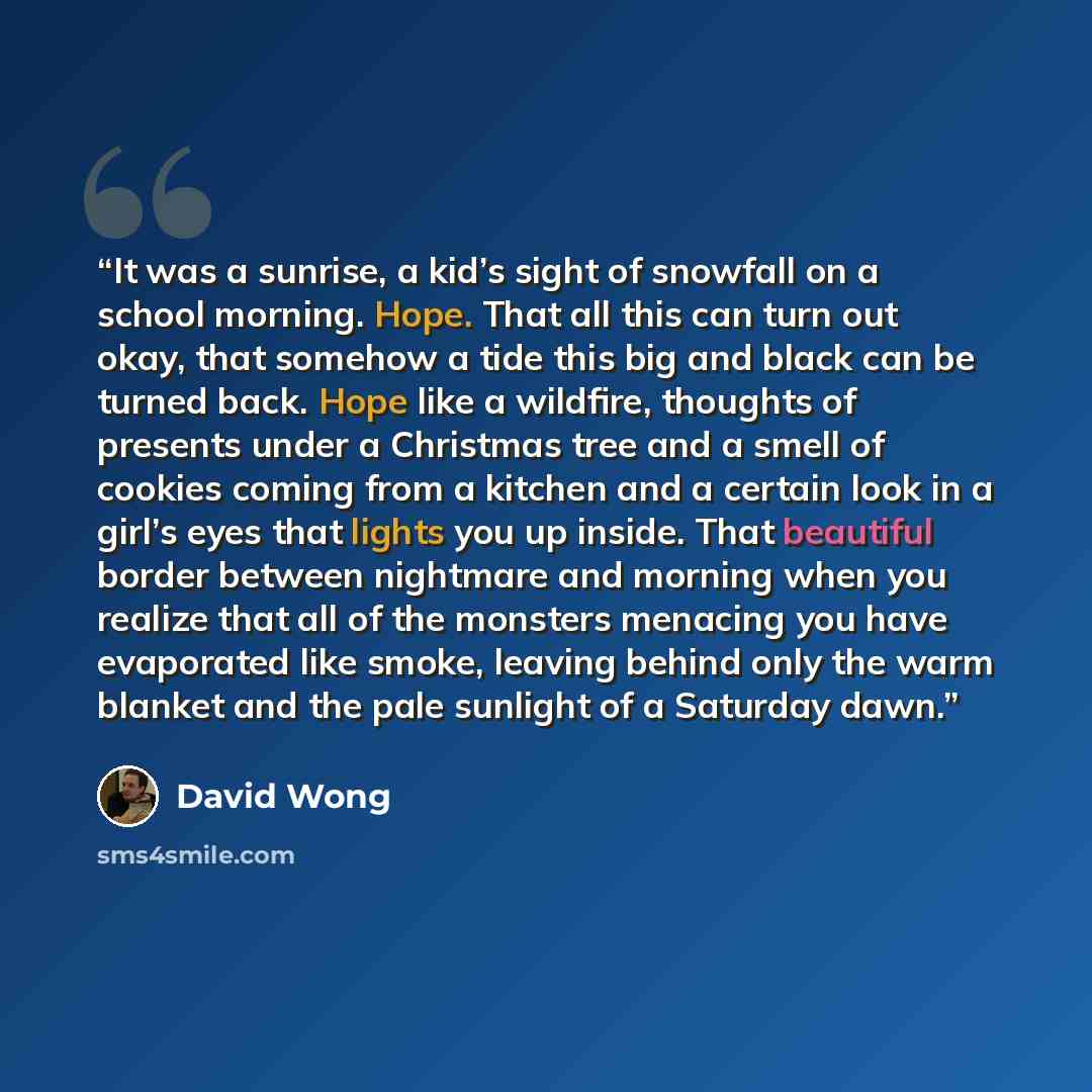 “It was a sunrise, a kid’s sight of snowfall on a school morning. Hope. That all this can turn out okay, that somehow a tide this big and black can be turned back. Hope like a wildfire, thoughts of presents under a Christmas tree and a smell of cookies coming from a kitchen and a certain look in a…” quote by David Wong
