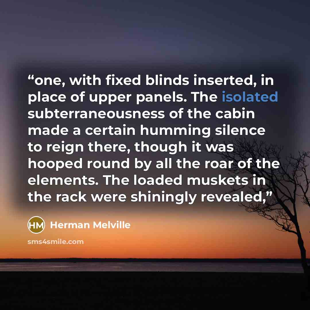 “one, with fixed blinds inserted, in place of upper panels. The isolated subterraneousness of the cabin made a certain humming silence to reign there, though it was hooped round by all the roar of the elements. The loaded muskets in the rack were shiningly revealed,” quote by Herman Melville
