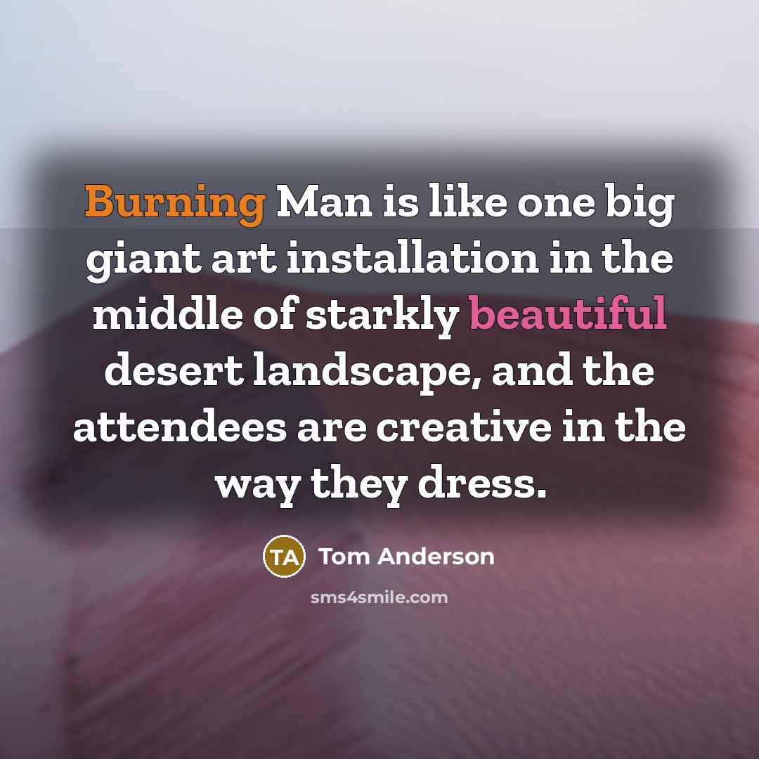 “Burning Man is like one big giant art installation in the middle of starkly beautiful desert landscape, and the attendees are creative in the way they dress.” quote by Tom Anderson