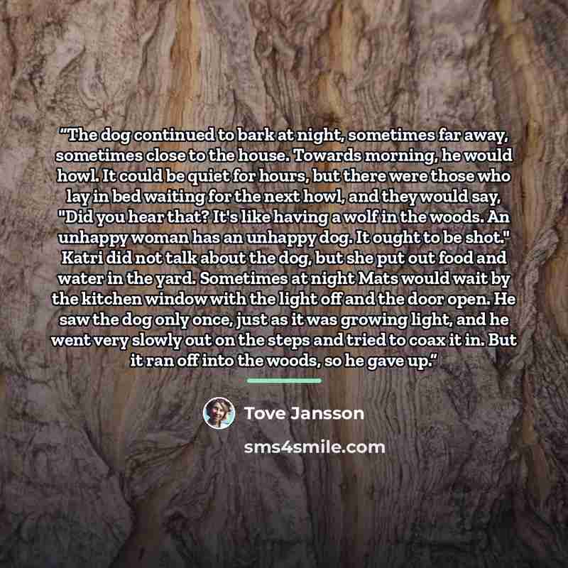 “The dog continued to bark at night, sometimes far away, sometimes close to the house. Towards morning, he would howl. It could be quiet for hours, but there were those who lay in bed waiting for the next howl, and they would say, "Did you hear that? It's like having a wolf in the woods. An unhappy…” quote by Tove Jansson