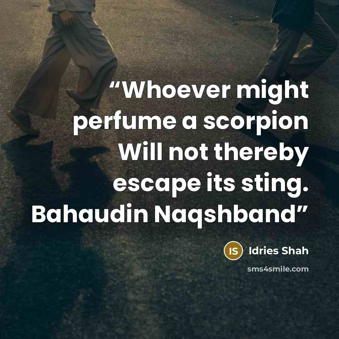 “Whoever might perfume a scorpion Will not thereby escape its sting. Bahaudin Naqshband” quote by Idries Shah