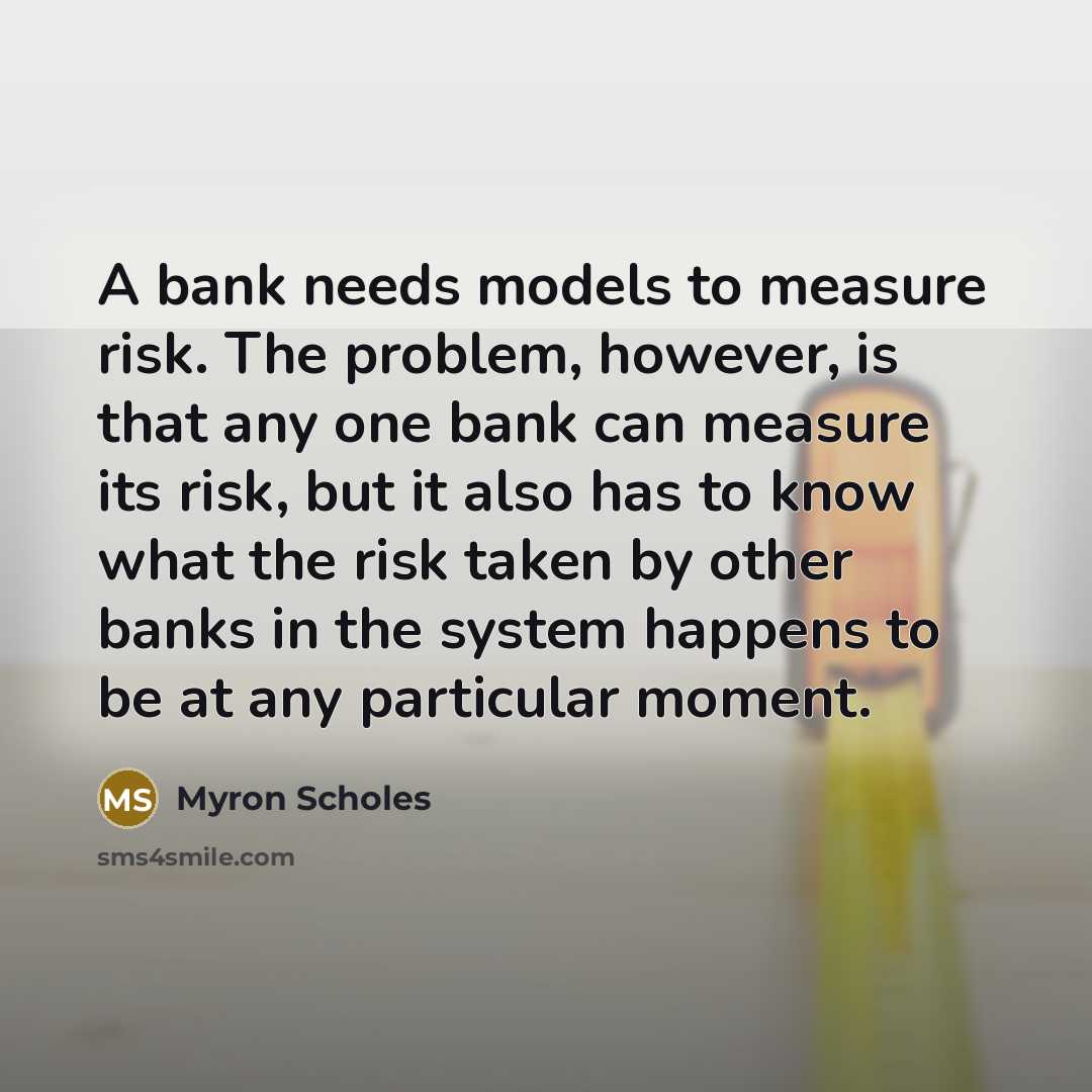 “A bank needs models to measure risk. The problem, however, is that any one bank can measure its risk, but it also has to know what the risk taken by other banks in the system happens to be at any particular moment.” quote by Myron Scholes