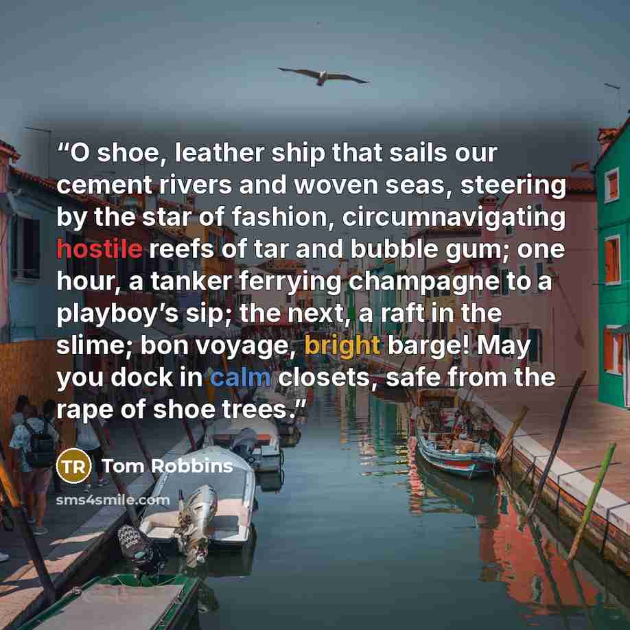 “O shoe, leather ship that sails our cement rivers and woven seas, steering by the star of fashion, circumnavigating hostile reefs of tar and bubble gum; one hour, a tanker ferrying champagne to a playboy’s sip; the next, a raft in the slime; bon voyage, bright barge! May you dock in calm closets…” quote by Tom Robbins