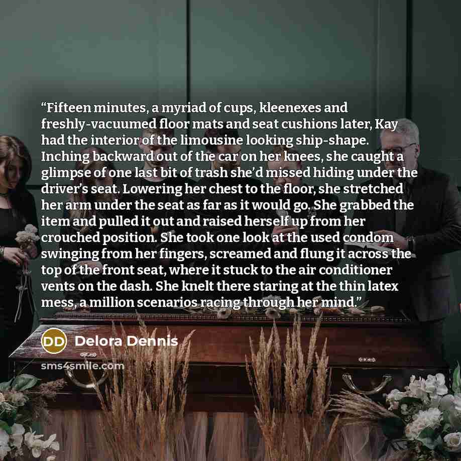 “Fifteen minutes, a myriad of cups, kleenexes and freshly-vacuumed floor mats and seat cushions later, Kay had the interior of the limousine looking ship-shape. Inching backward out of the car on her knees, she caught a glimpse of one last bit of trash she’d missed hiding under the driver’s seat…” quote by Delora Dennis