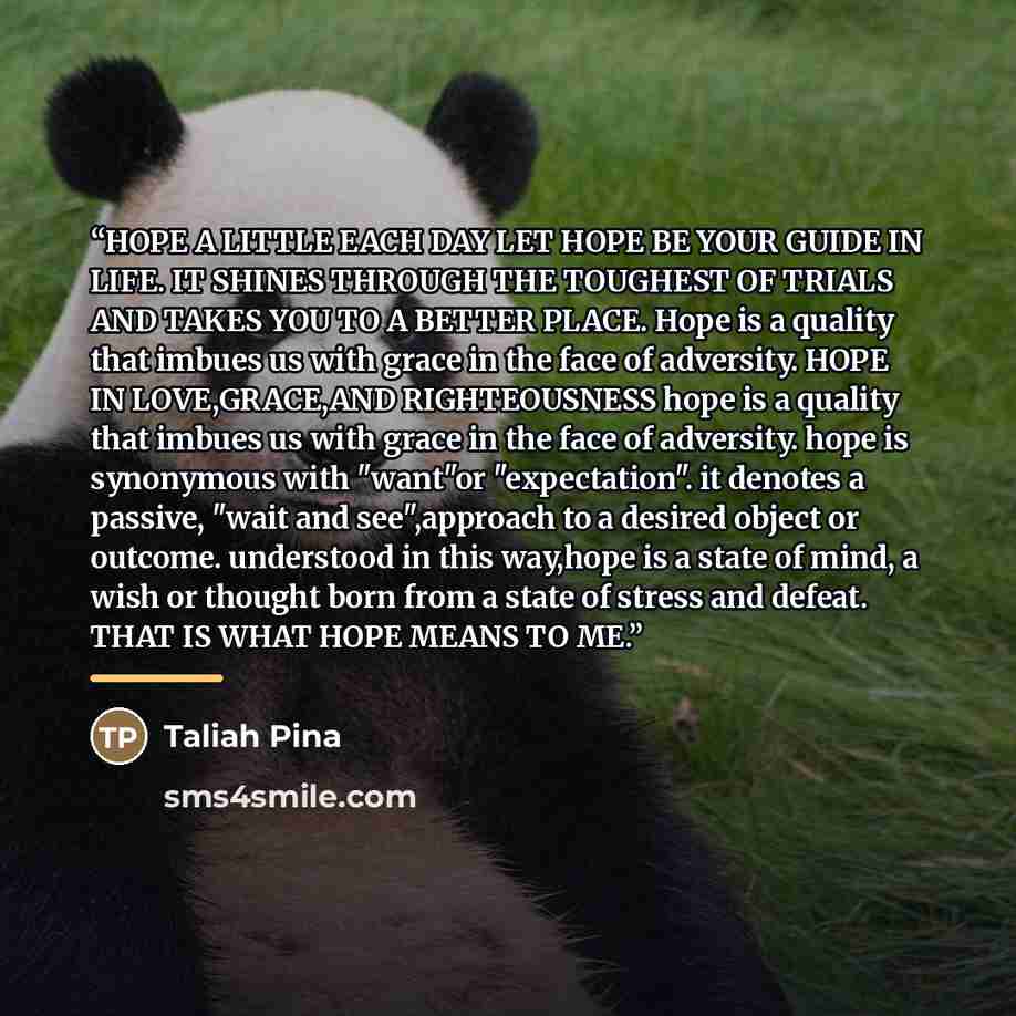 “HOPE A LITTLE EACH DAY LET HOPE BE YOUR GUIDE IN LIFE. IT SHINES THROUGH THE TOUGHEST OF TRIALS AND TAKES YOU TO A BETTER PLACE. Hope is a quality that imbues us with grace in the face of adversity. HOPE IN LOVE,GRACE,AND RIGHTEOUSNESS hope is a quality that imbues us with grace in the face of…” quote by Taliah Pina