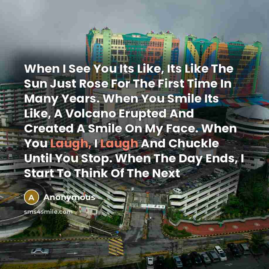 “When I See You Its Like, Its Like The Sun Just Rose For The First Time In Many Years. When You Smile Its Like, A Volcano Erupted And Created A Smile On My Face. When You Laugh, I Laugh And Chuckle Until You Stop. When The Day Ends, I Start To Think Of The Next” quote by Anonymous