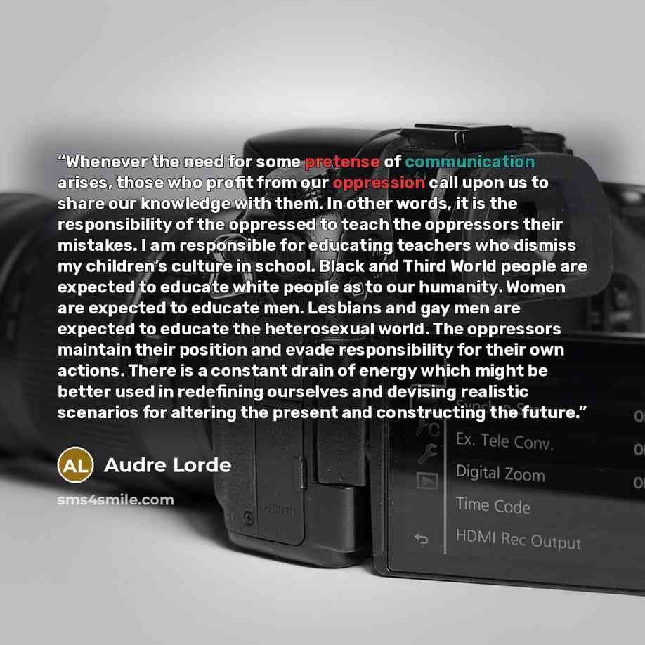 “Whenever the need for some pretense of communication arises, those who profit from our oppression call upon us to share our knowledge with them. In other words, it is the responsibility of the oppressed to teach the oppressors their mistakes. I am responsible for educating teachers who dismiss my…” quote by Audre Lorde