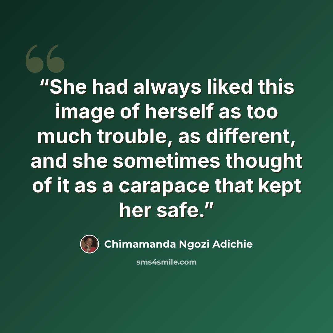 “She had always liked this image of herself as too much trouble, as different, and she sometimes thought of it as a carapace that kept her safe.” quote by Chimamanda Ngozi Adichie