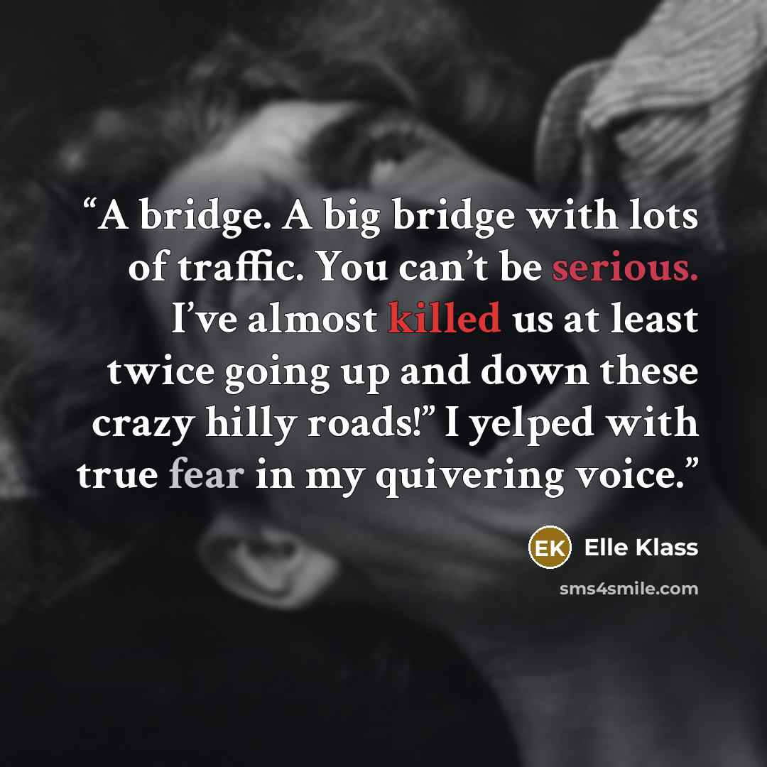 “A bridge. A big bridge with lots of traffic. You can’t be serious. I’ve almost killed us at least twice going up and down these crazy hilly roads!” I yelped with true fear in my quivering voice.” quote by Elle Klass