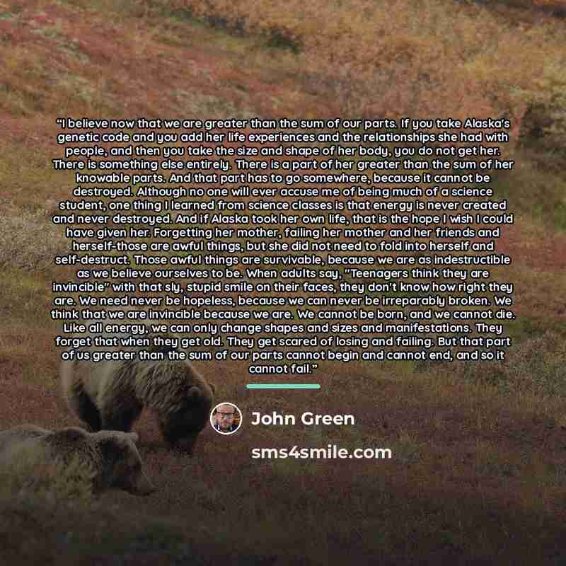 “I believe now that we are greater than the sum of our parts. If you take Alaska's genetic code and you add her life experiences and the relationships she had with people, and then you take the size and shape of her body, you do not get her. There is something else entirely. There is a part of her…” quote by John Green